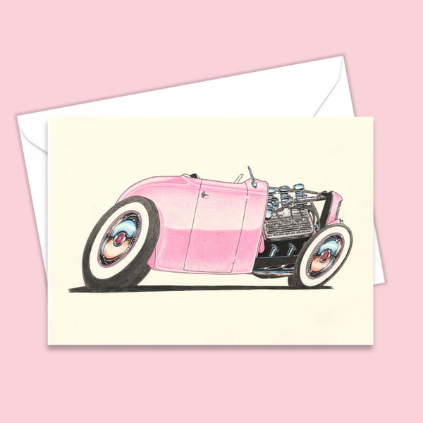 Hot Rod Greetings Card - Pink Hot Rod Card - Blank Card - Hand Drawn Art