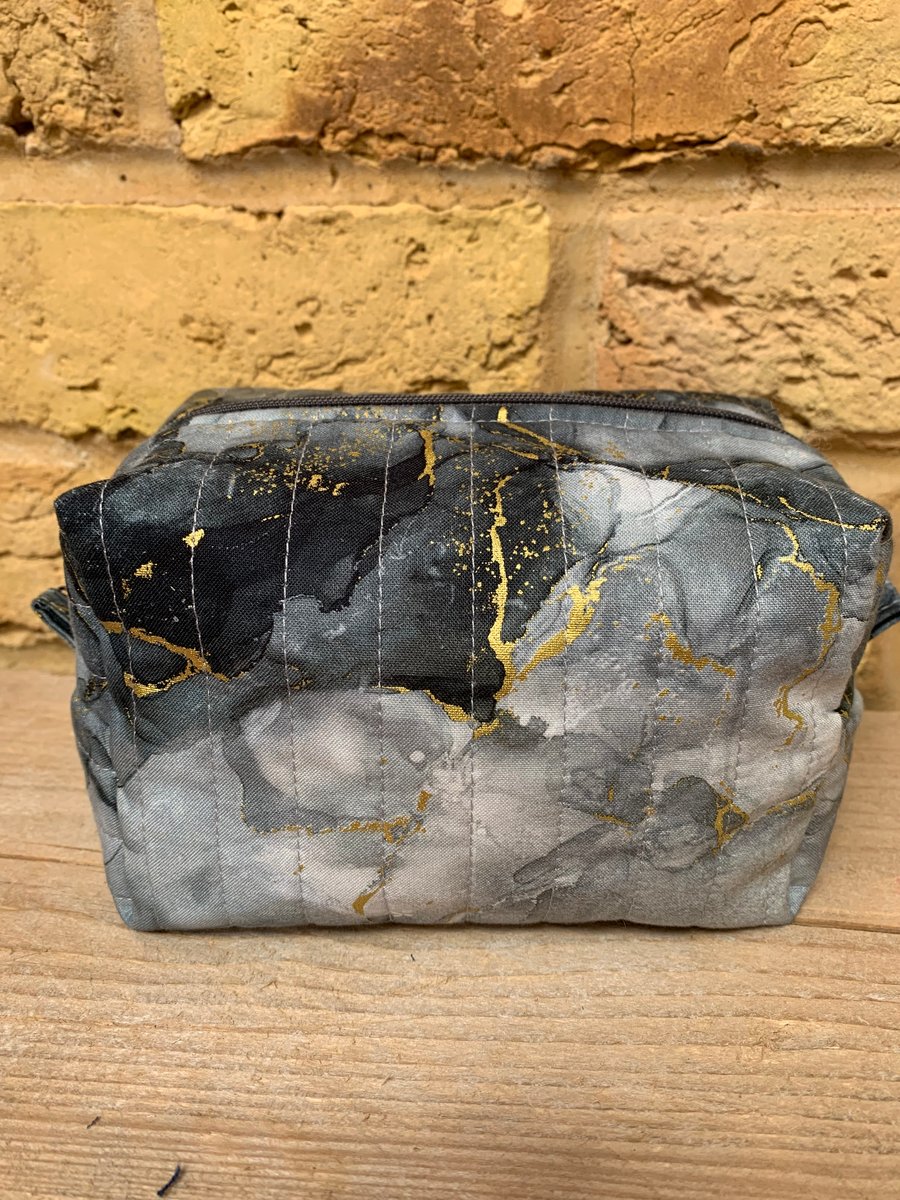 Black, Grey and Gold Marble Effect Quilted Fabric Box Shape Makeup Bag