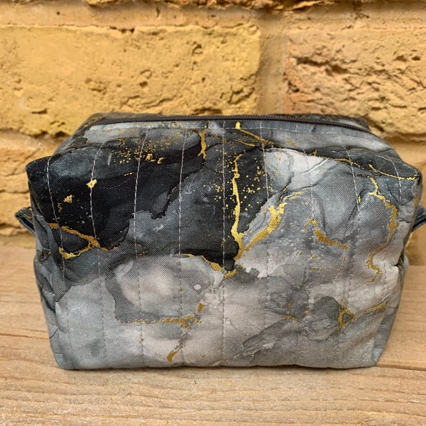 Black, Grey and Gold Marble Effect Quilted Fabric Box Shape Makeup Bag