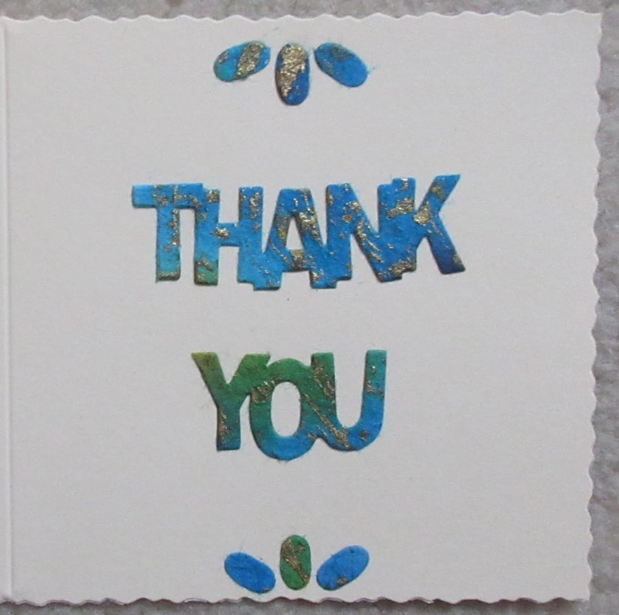 Thank You Greeting Card - words and petals in blues, greens and gold