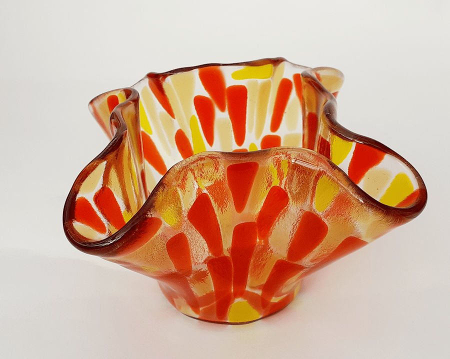 Fused glass tea light holder ornament, red and yellow