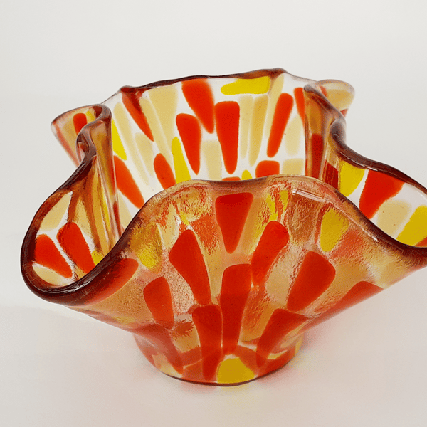 Fused glass tea light holder ornament, red and yellow