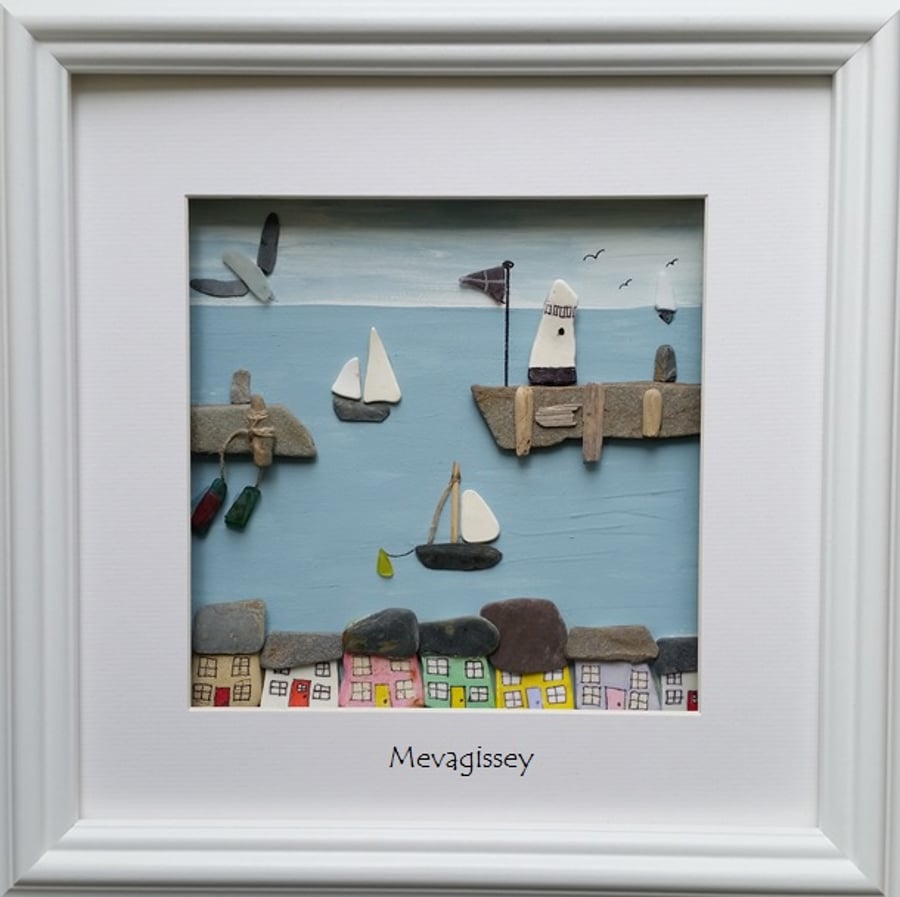 Mevagissey Harbour Scene, sea glass art, pebble art,