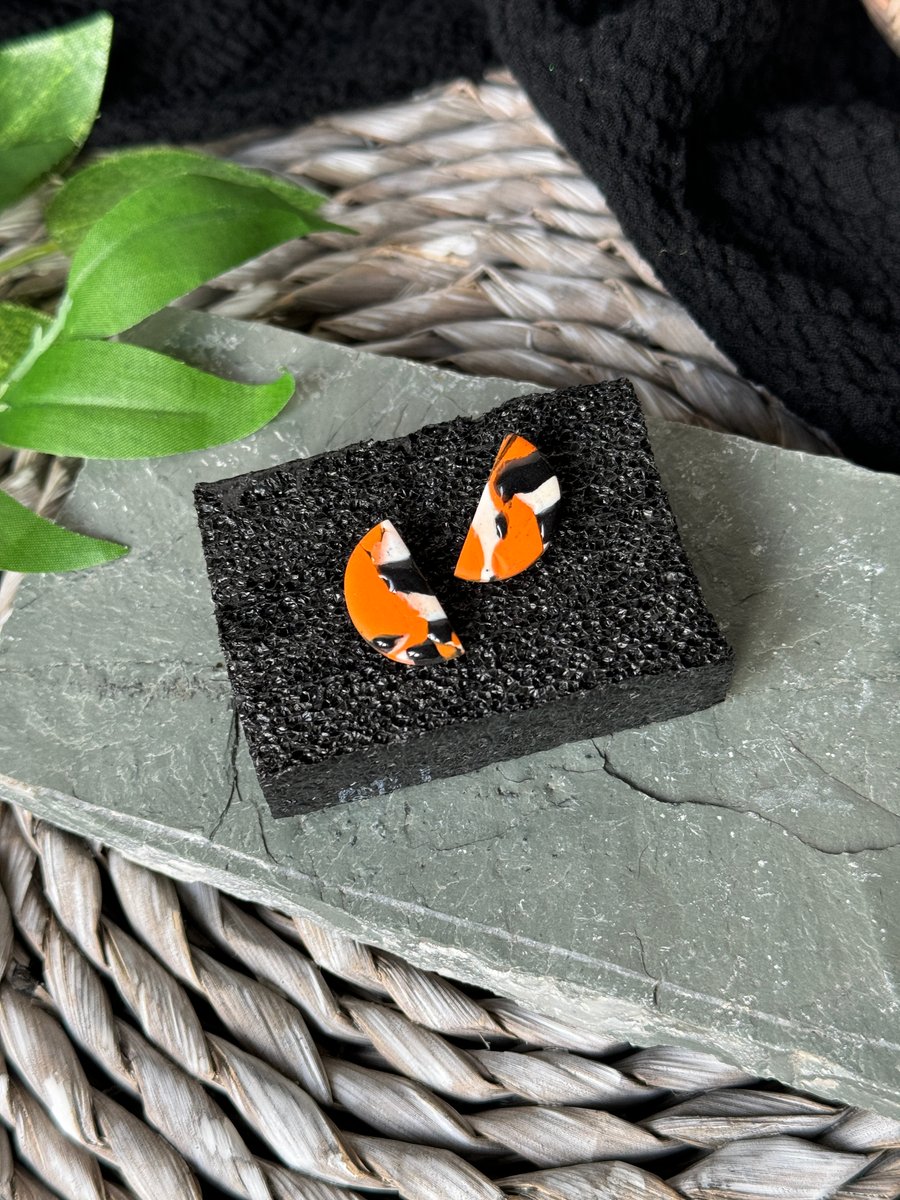 Orange Funky Half Moon Stud Earrings