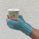 FINGERLESS MITTS , gloves ' Erme Trail '. Soft Wool blend. Aqua blue.