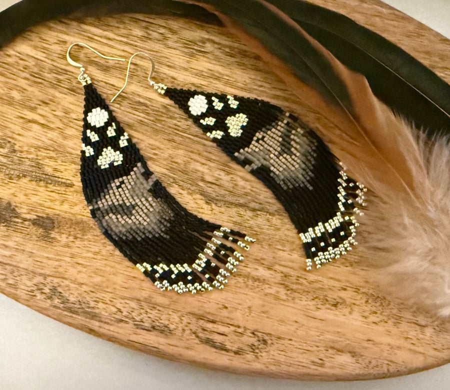 Howling wolf beadwork Native American inspired fringe earrings 