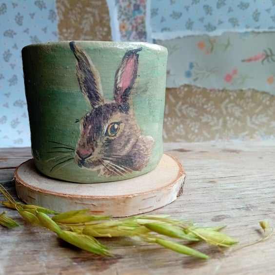 Hare cup, hand painted earthenware ceramic wood fired, organic shape