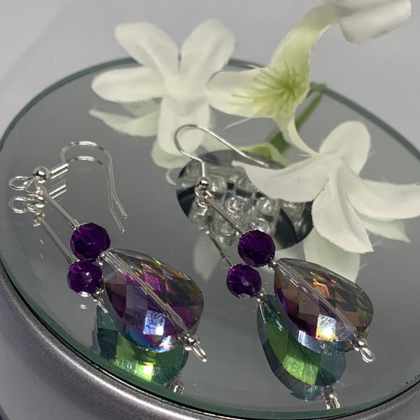 Swarovski amethyst & multi colour crystal earrings sterling silver wires 574