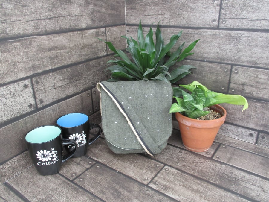 Upcycled Coffee Sack - Mini Shoulder Bag - Olive green with sequins