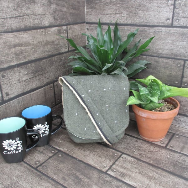 Upcycled Coffee Sack - Mini Shoulder Bag - Olive green with sequins
