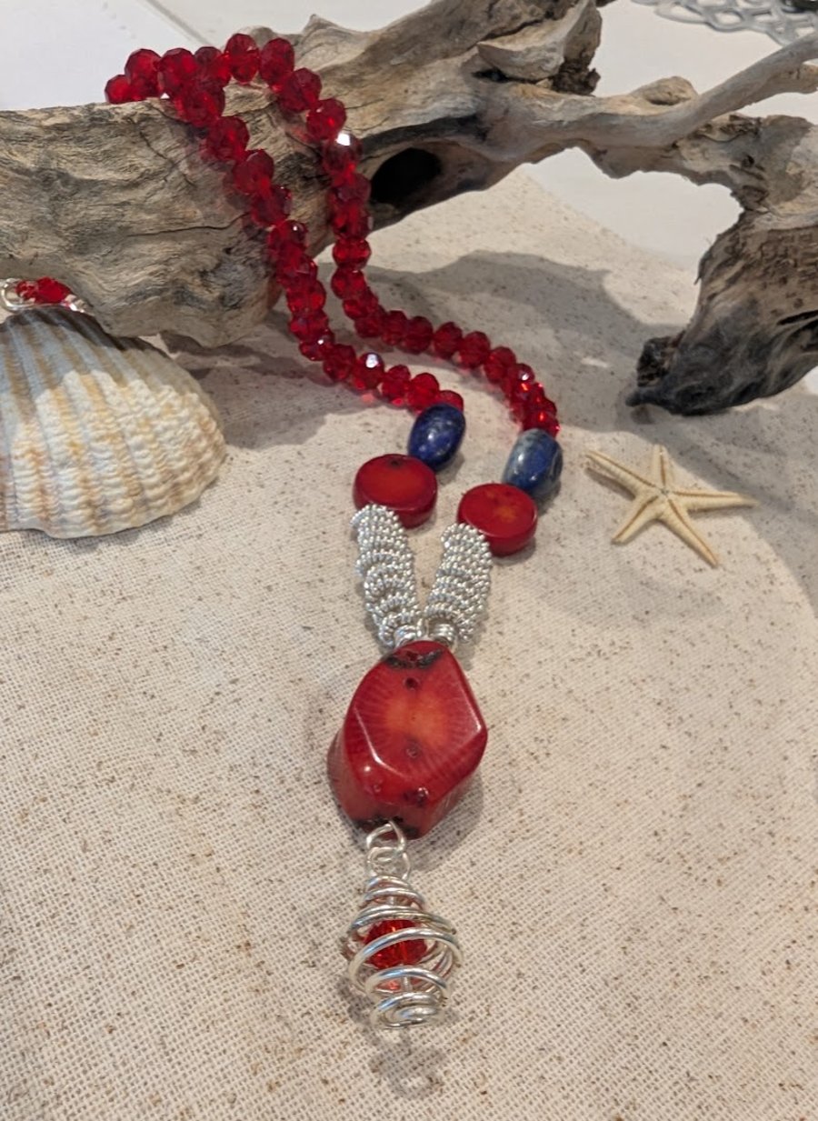 Red Bamboo Coral Pendant complimented by wire wrapped beads - Folksy
