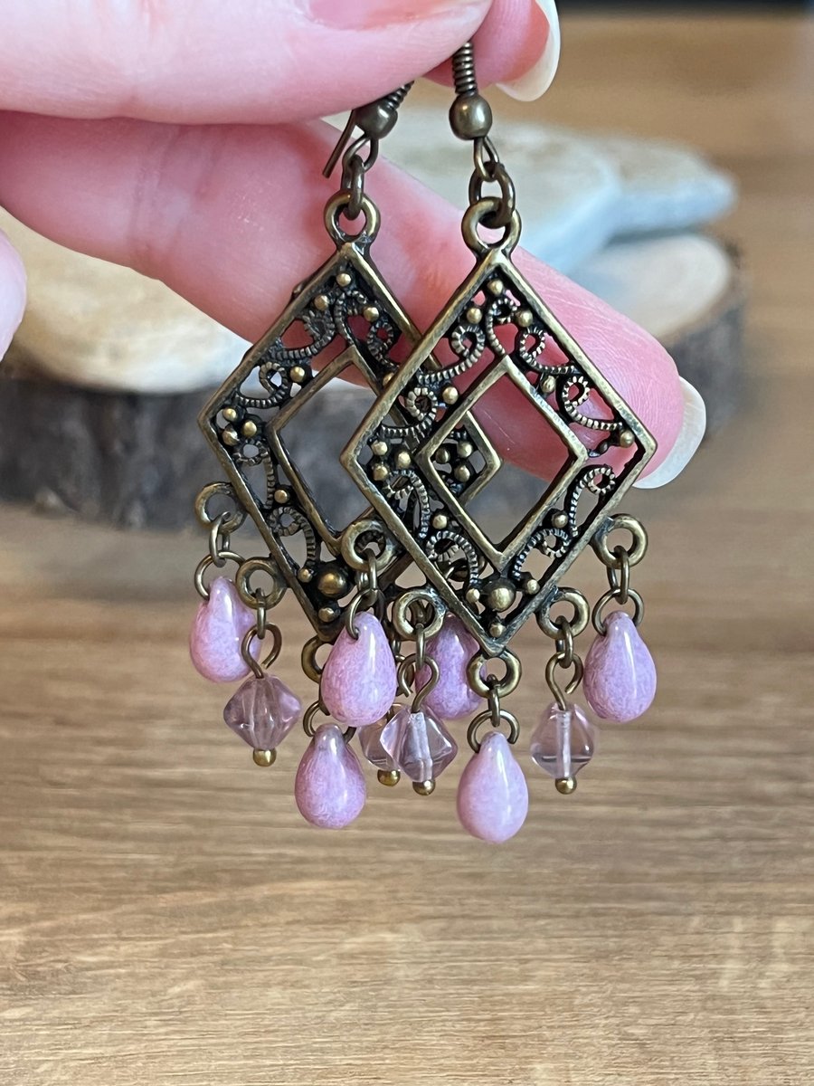 Lilac and bronze filigree chandelier earrings, boho earrings