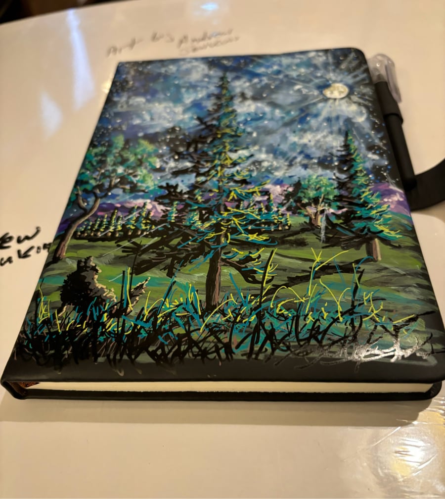 A hand painted and sealed faux leather journal by Andrew Jenkins 