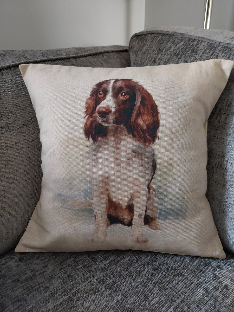 Handmade Print Cushion Cover Animal Dog Springer Spaniel Side Facing