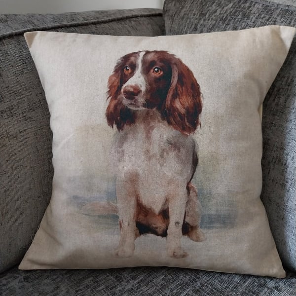 Handmade Print Cushion Cover Animal Dog Springer Spaniel Side Facing