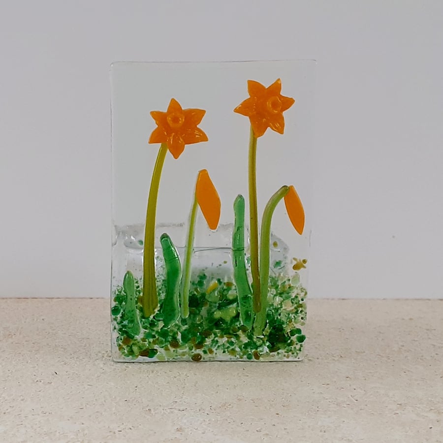Fused glass tealight candle holder panel, spring daffodils 