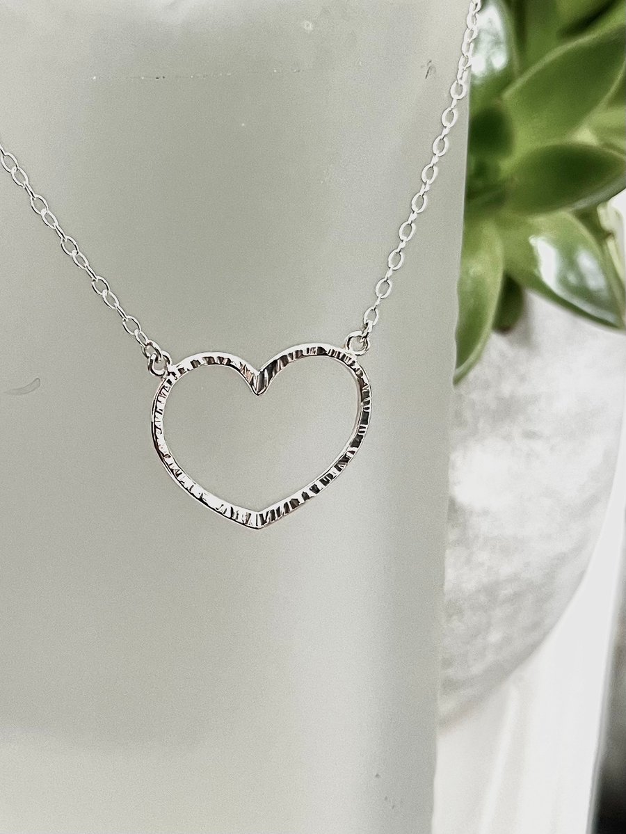 Large Sterling Silver Hammered Heart Necklace