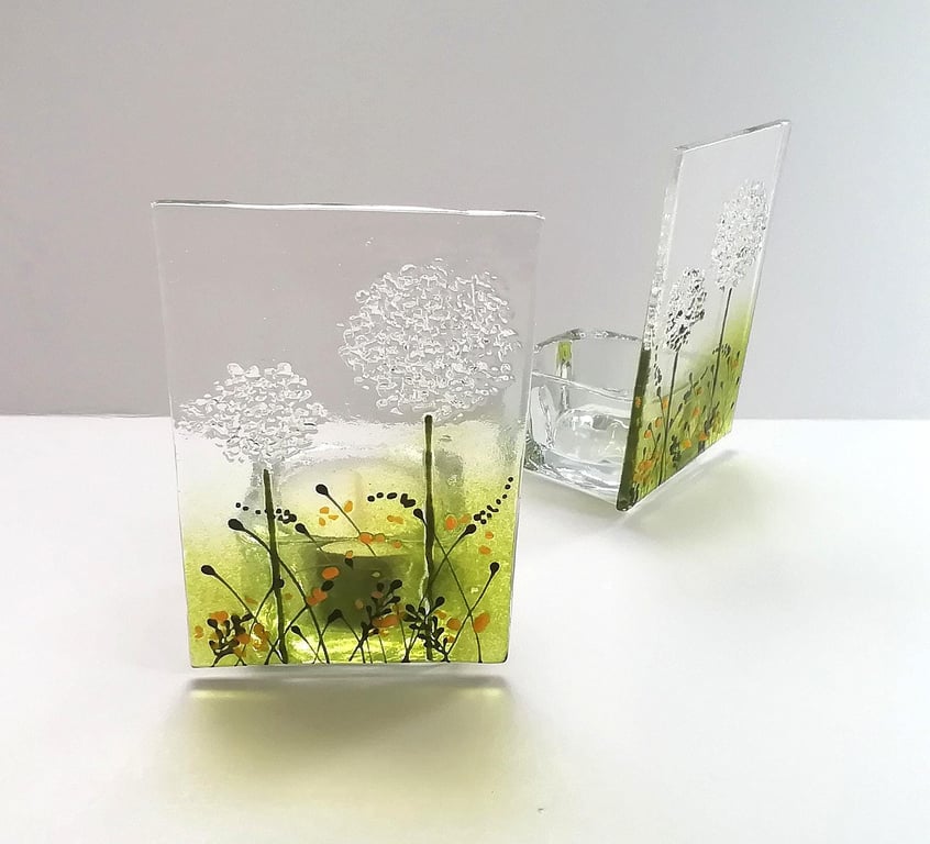 Fused Glass Dandelion Tealight Holder: Handmade Glass Art
