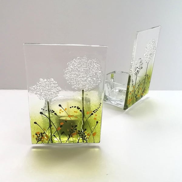 Fused Glass Dandelion Tealight Holder: Handmade Glass Art