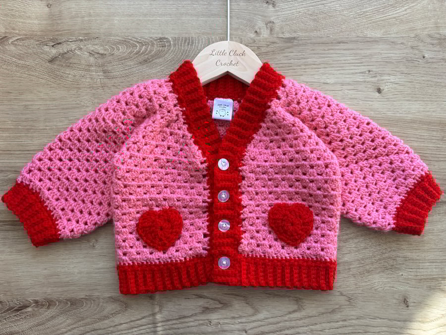 Crochet heart motif baby cardigan 6-12 months