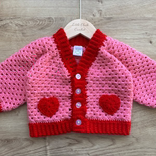 Crochet heart motif baby cardigan 6-12 months