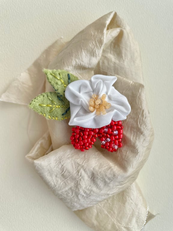 Raspberry brooch, ladies beaded embroidered felt berry pin. Gift for her