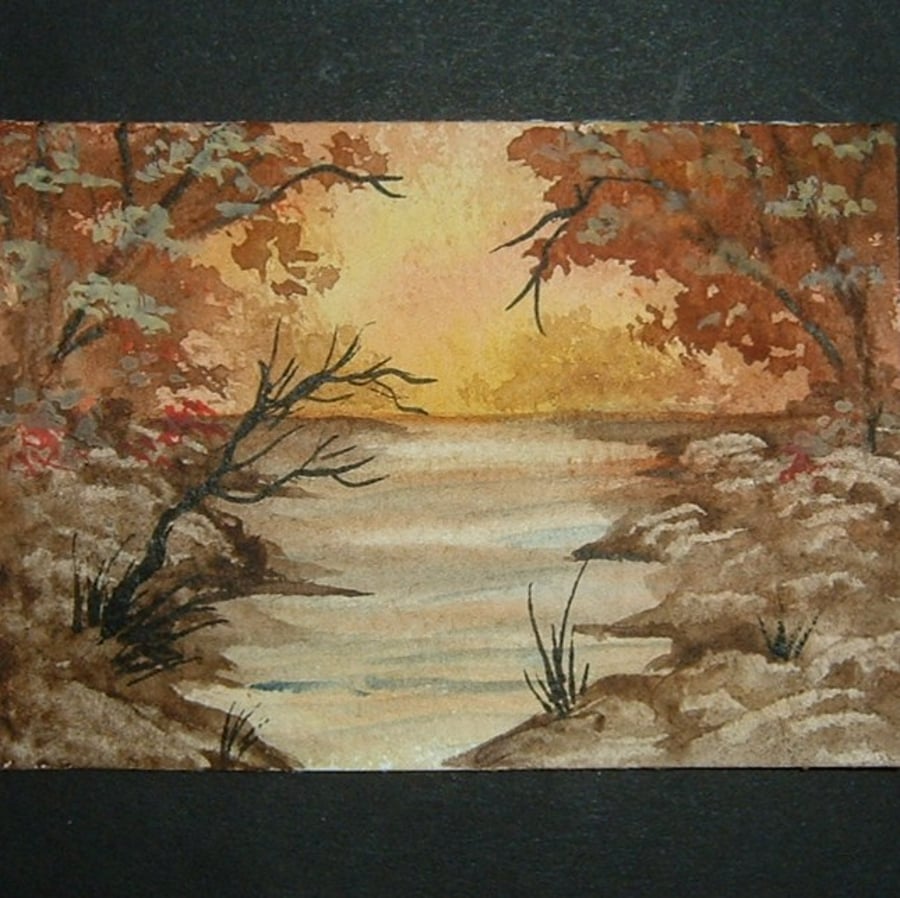 Art painting aceo SFA original paintings landscape autumn river 44