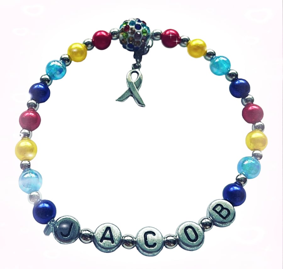 Personalised autism Asperger syndrome ASD multicolour ribbon charm bracelet 
