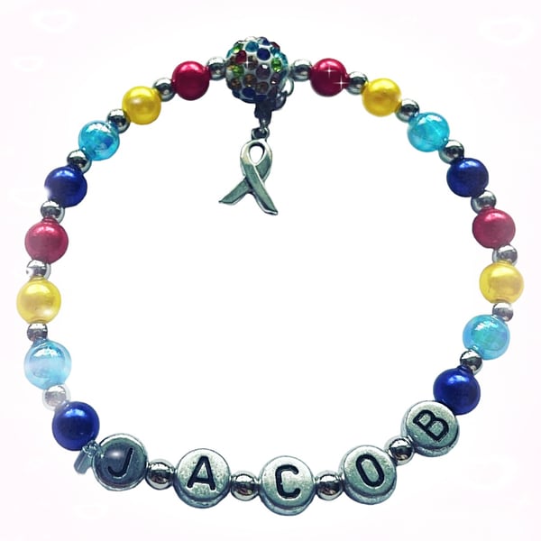 Personalised autism Asperger syndrome ASD multicolour ribbon charm bracelet 
