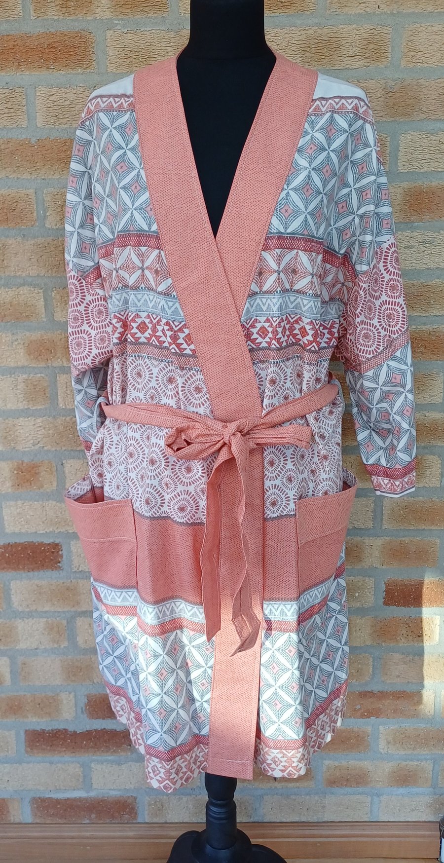 Ladies dressing gown kimono bath robe salmon pink grey upcycled summer robe