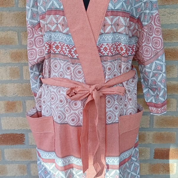 Ladies dressing gown kimono bath robe salmon pink grey upcycled summer robe