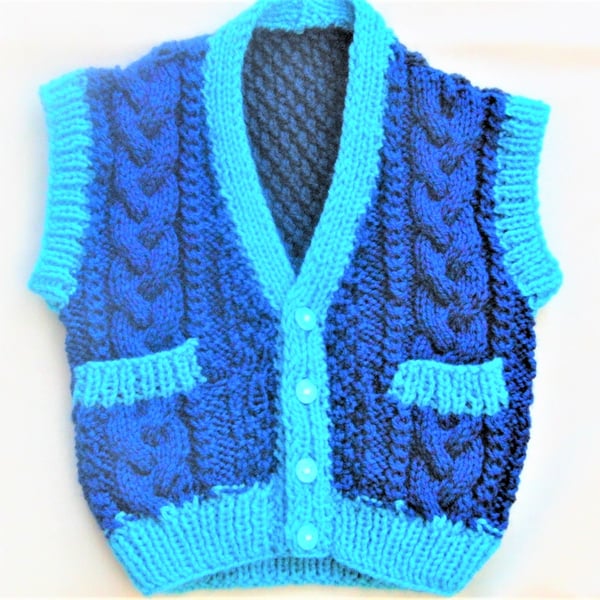 Baby's Cabled Waistcoat with Pockets, Hand Knitted Waistcoat, Baby Gift