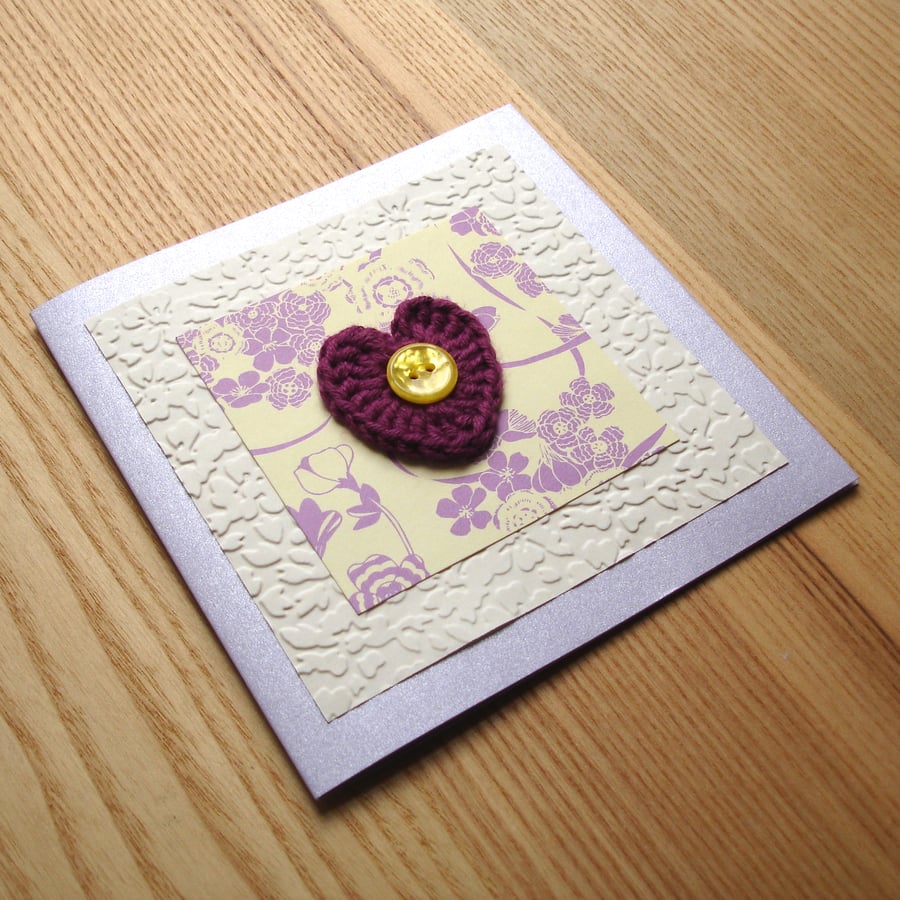 Purple and Yellow Crochet Heart Greetings Card