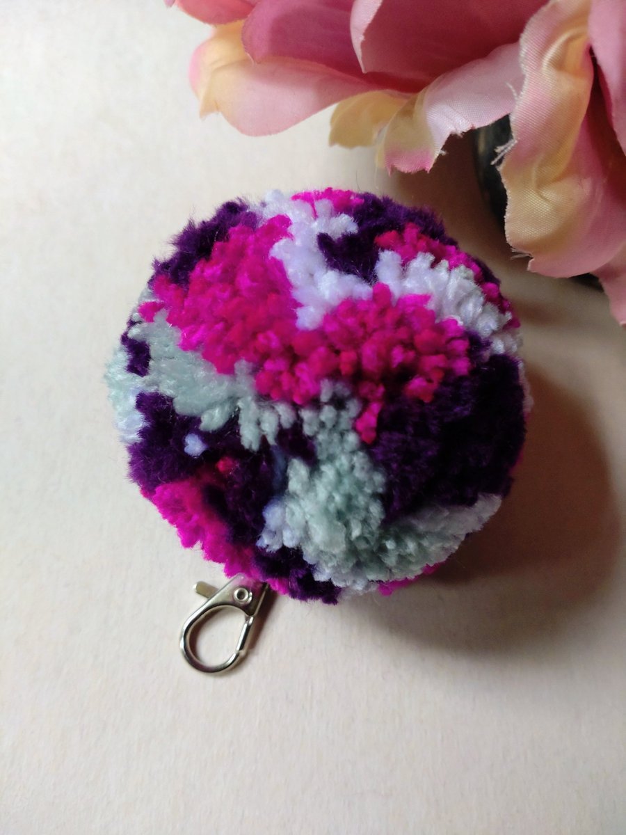Wool Pompom Bag Charm, Fluffy Pompom Keyring, 7cm, Gift Idea.