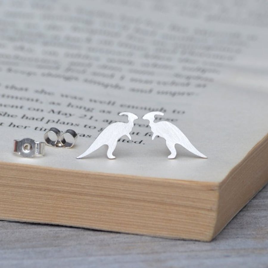 Parasaurolophus Of Love, Dinosaur Earring Studs In Sterling Silver