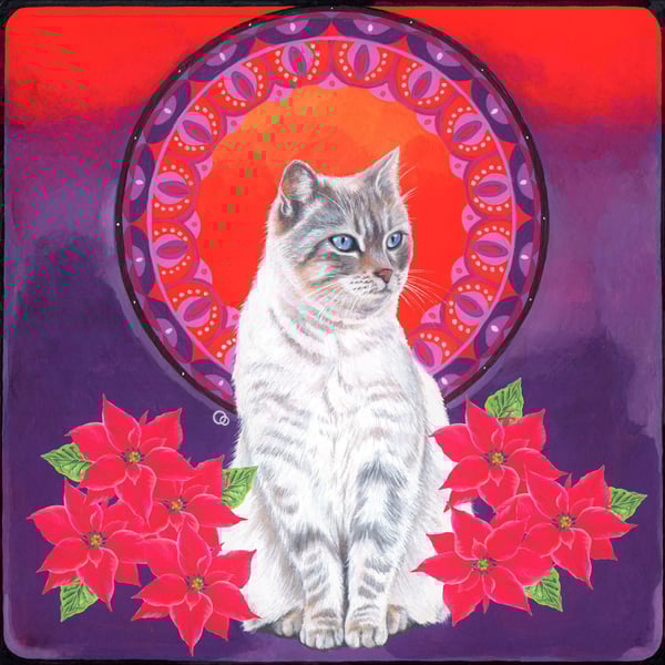 Poinsettia Art Nouveau Cat Handmade Christmas Card