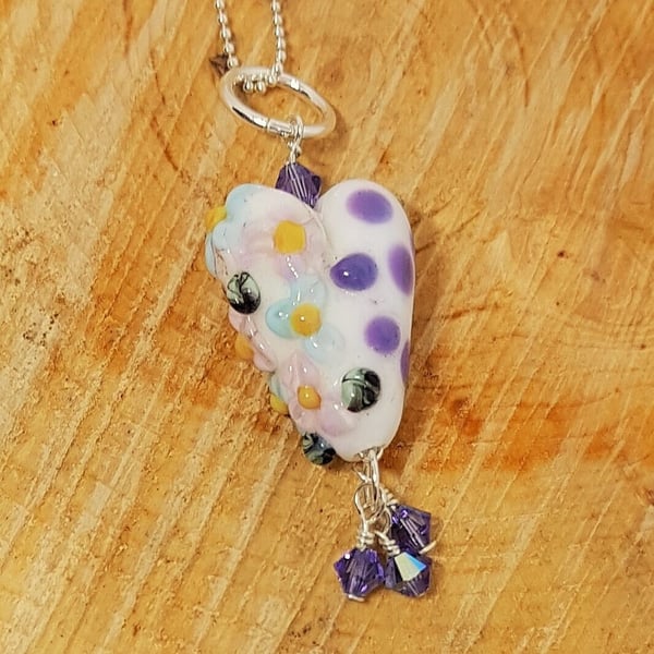 Purple and White Lampwork Glass Heart Pendant with Crystals on Sterling Silver C