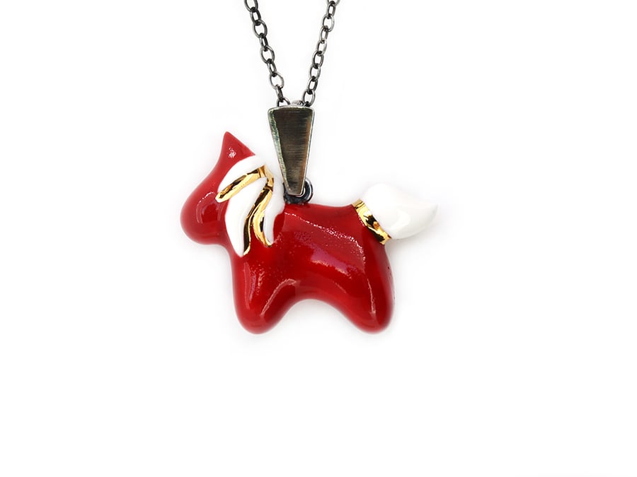 Unicorn rich red necklace.Porcelain, silver,handmade, silver chain. Gold plated.