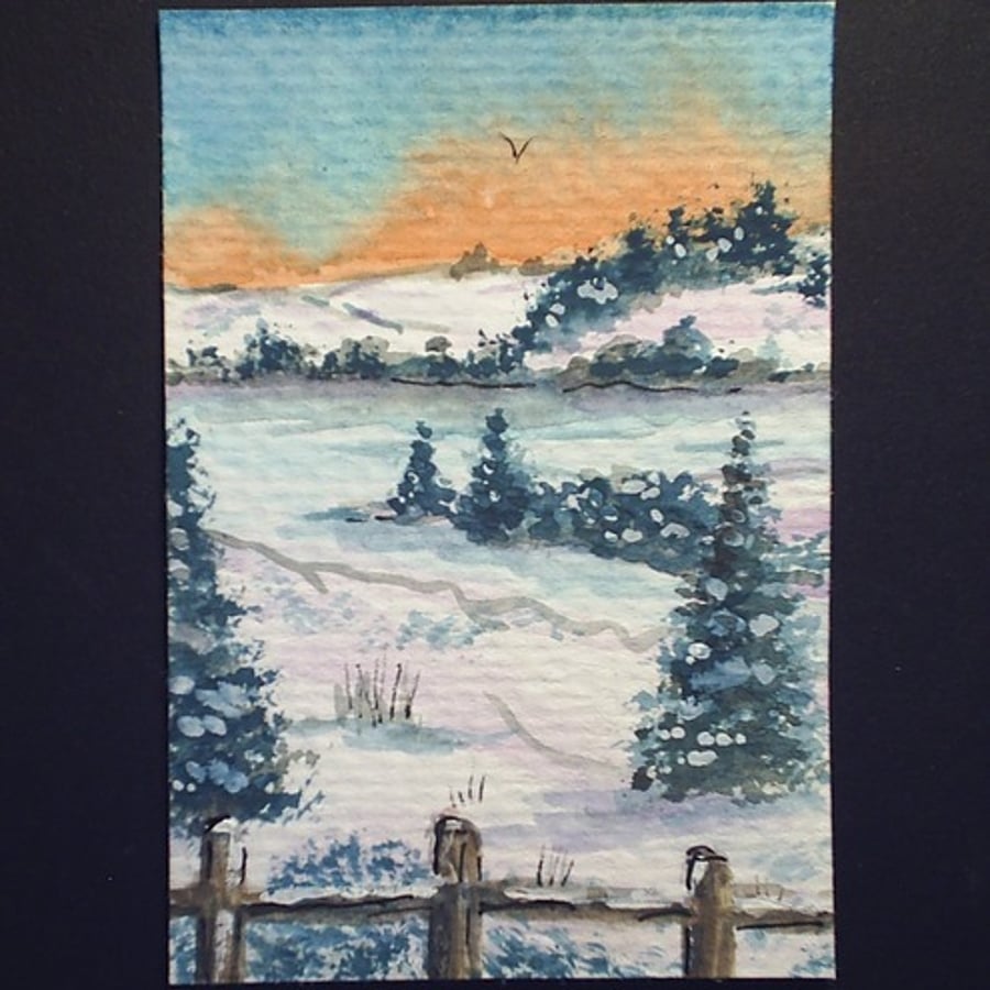 winter snow scene aceo miniature painting