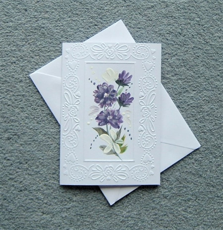 hand painted embossed floral greetings card ( ref F 116 )