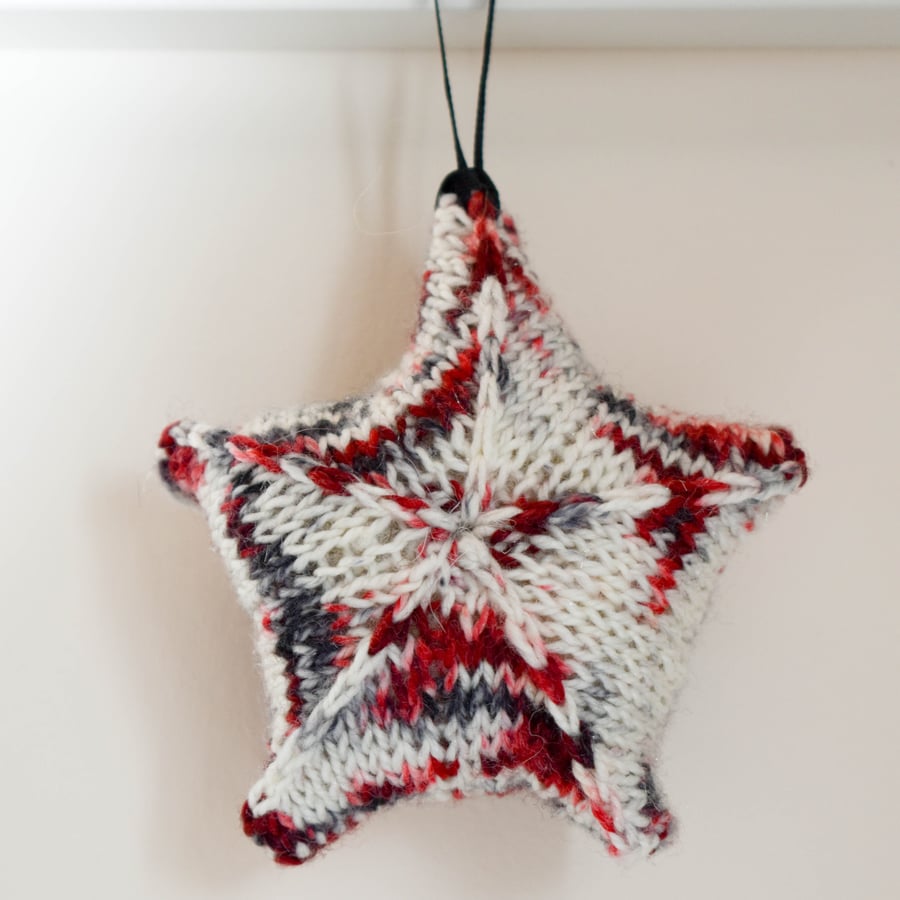 Hand knitted star - Christmas Decorations - White, Red and Black