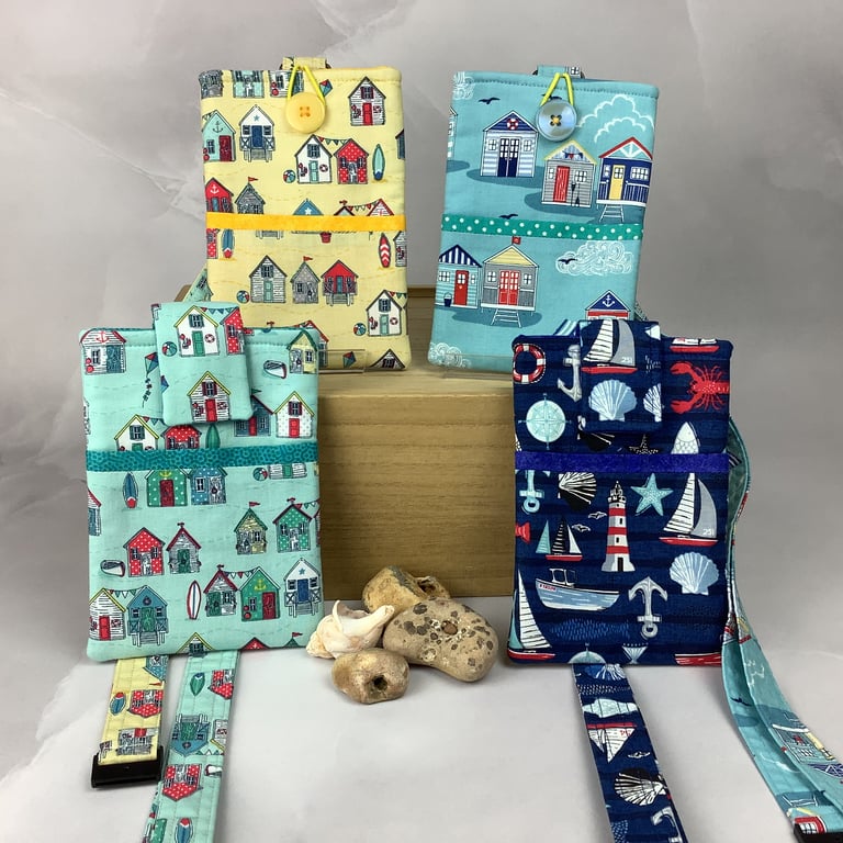 Beach huts neck bag, Seaside phone cover, Travel case, Detachable lanyard, 4 opt