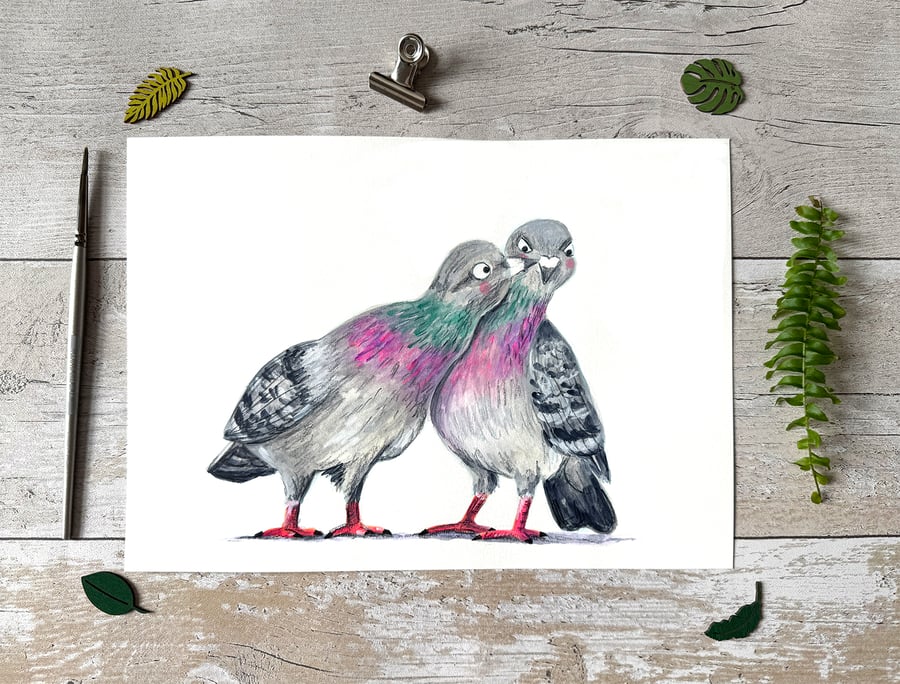 Original Pigeons Painting - Gouache painting - One of a kind