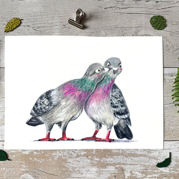 Original Pigeons Painting - Gouache painting - One of a kind