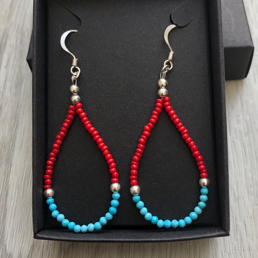 SALE.. Turquoise & red beaded drop earrings. Sterling silver.