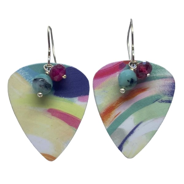 Recycled Watercolour Plectrum Earrings with Rubies