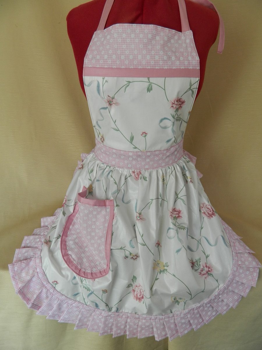 Vintage 50s Style Full Apron Pinny - Cream with Pink Flowers and Pink Trim