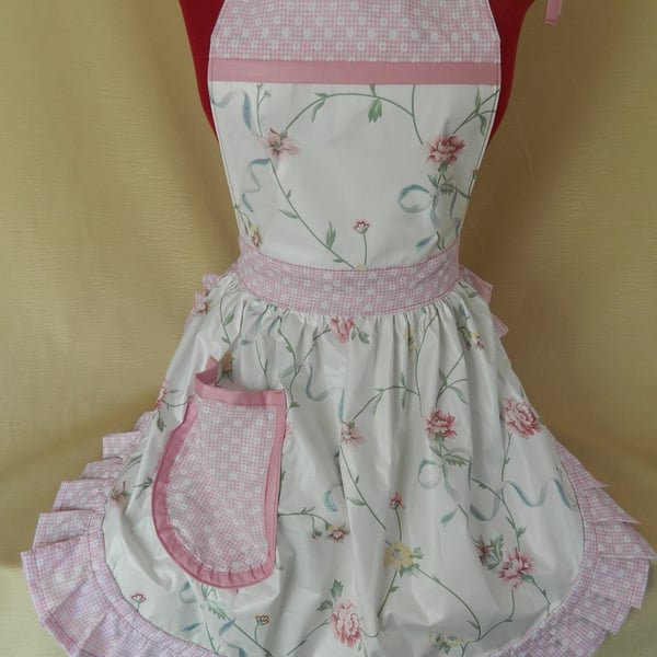 Vintage 50s Style Full Apron Pinny - Cream with Pink Flowers and Pink Trim