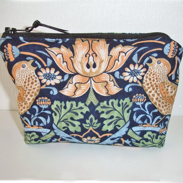 Small Zipped Pouch Purse Bag Strawberry Thief William Morris Bird Blue