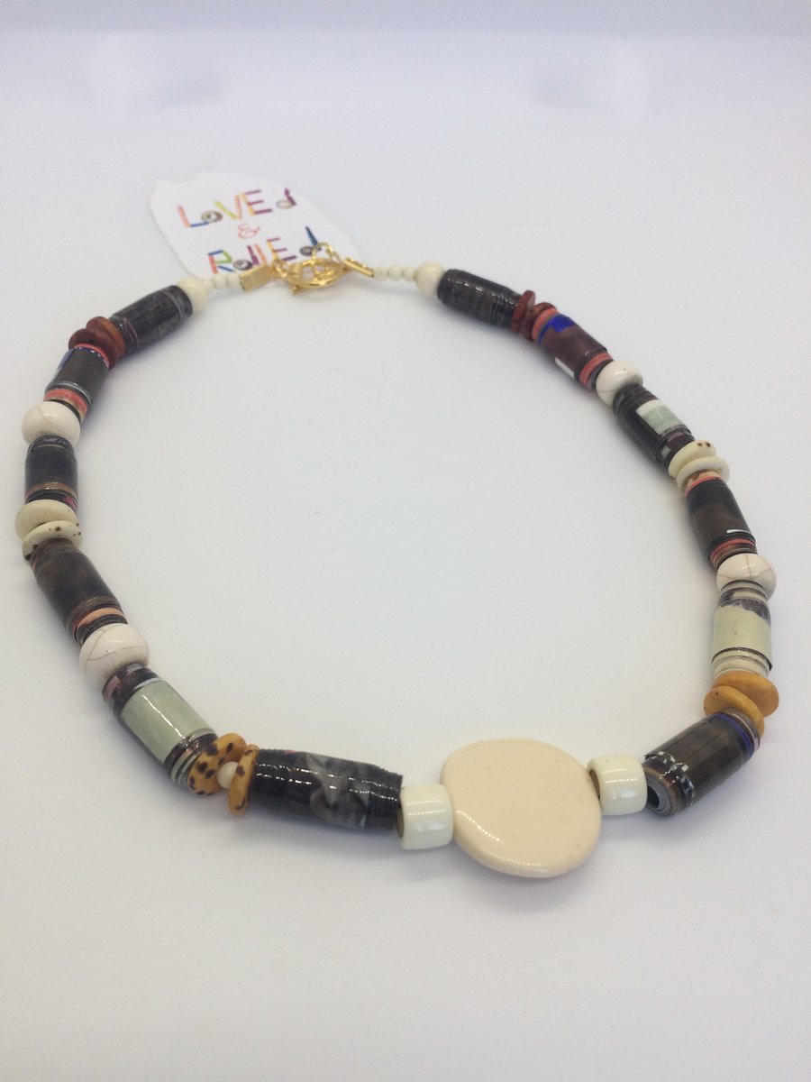 Brown & orange handmade paper beaded necklace with antique white preloved beads